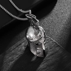 Titanium Spartan warrior helmet pendant necklace with intricate mythical engravings