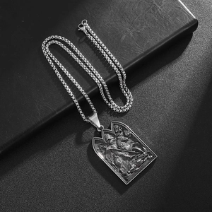 Gothic St. George and Dragon relief pendant necklace with box chain in polished steel