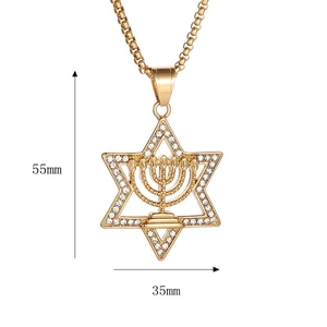 Gold titanium steel Star of David necklace with menorah engraving and sparkling rhinestones