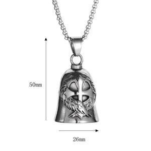 Stainless steel motorcycle guardian bell with winged cross pendant and chain link