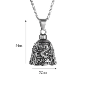 Polished stainless steel motorcycle guardian bell pendant with wings and bike chain