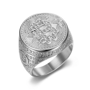 Bague Chevalière Bitcoin Hip Hop pour Homme en Acier Titane Strass Crypto Monnaie Logo B Punk Circuits Bijoux Cadeau
