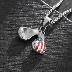 Polished stainless steel double boxing glove pendant necklace with USA flag enamel detail