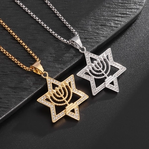 Hip Hop Stainless Steel Gold Plated Rhinestone Star Of David Pendant For Men Menorah Hexagram Religious Fashion Jewelry Accessories