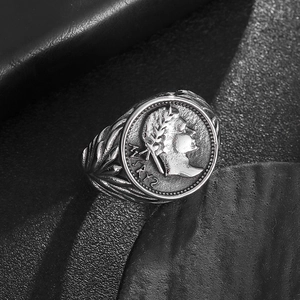 Vintage Roman Empire Caesar coin signet ring in polished stainless steel for men
