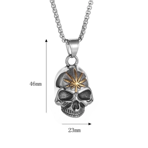 Vintage stainless steel skull pendant with golden maple leaf detail for bikers