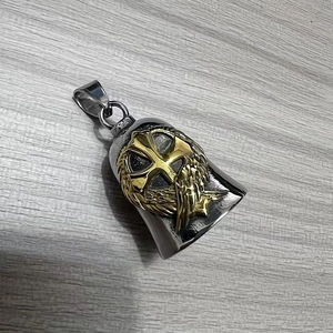 Polished stainless steel motorcycle guardian bell with golden wings and cross pattern