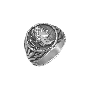 Vintage stainless steel Roman Julius Caesar coin signet ring with embossed portrait detail