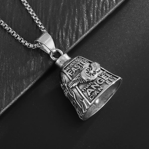 Vintage Stainless Steel Biker Guardian Bell Pendant Necklace Wing Wheel Angel Quote Lucky Charm Rider Motorbike Jewelry Gift