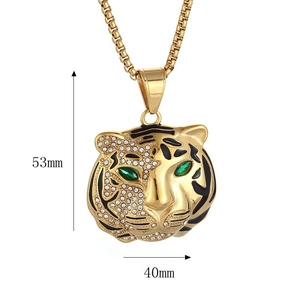 Gold plated hip hop tiger head pendant necklace with diamonds and green gemstone eyes