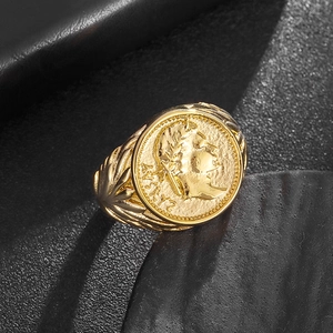 Vintage gold Roman Empire Caesar coin ring with embossed portrait and wheat patterns