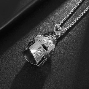 Vintage titanium steel Spartan helmet pendant necklace with owl engraving on black leather