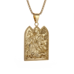 Golden Saint George Dragon Slayer pendant necklace in vintage hip hop style stainless steel