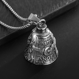 Polished wings and wheel biker guardian bell pendant with stainless steel bead chain