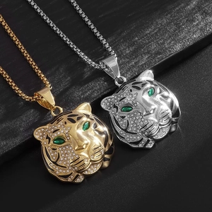 Hip Hop Titanium Steel Gold Plated Rhinestone Tiger Head Pendant Necklace For Unisex Personalized Animal Jewelry Gift