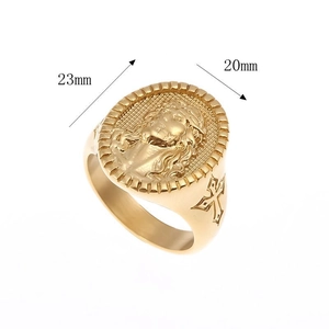 Detail of hip hop gold plated stainless steel ring showing cross design and 23mm size dimensions