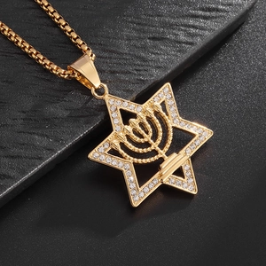 Gold plated stainless steel Star of David pendant necklace with white crystals on box chain