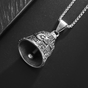 Polished titanium steel biker guardian bell necklace with eagle and angel wing relief