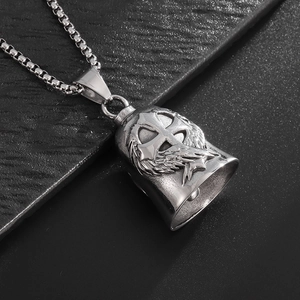 Stainless steel wing cross bell pendant with box chain in vintage punk motorcycle style