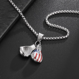 Titanium steel boxing glove necklace with American flag design on a box chain link