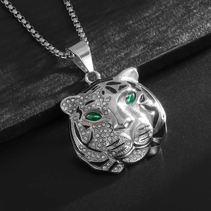 Hip hop tiger head pendant necklace in silver stainless steel with sparkling crystals
