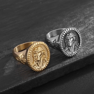 Retro Hip Hop Religious Jesus Christ Portrait Signet Ring Gold Silver Titanium Steel Cross Men Finger Band Ring Jewelry