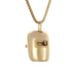 Pendentif casque masque de soudure doré poli avec chaîne box au style industriel épuré