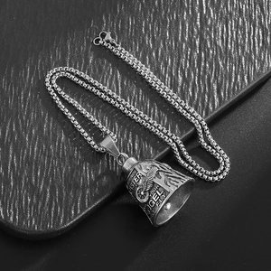 Polished titanium steel biker guardian bell necklace with winged tire master engraving