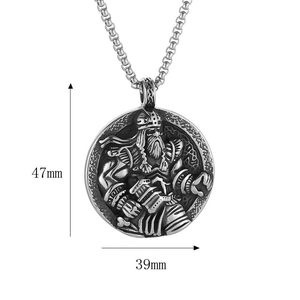 Detail view of Viking Odin pendant showing 47mm x 39mm dimensions on vintage steel finish