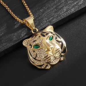 Iced out gold plated tiger head pendant necklace with green eyes and box chain