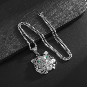 Hip-hop silver tiger head pendant necklace with green eyes and crystal embellishment
