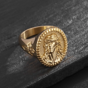 Hip-hop gold-plated stainless steel signet ring with Jesus relief and cross engraving