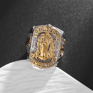 Chevalière Portrait de Jésus Hip Hop Homme Bicolore Acier Titane Bague de Prière Religieuse Deus E Bom Bijoux Punk Vintage