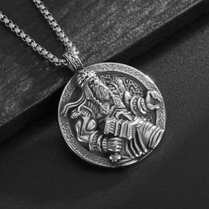 Polished stainless steel Viking Odin pendant necklace with embossed relief and bead chain