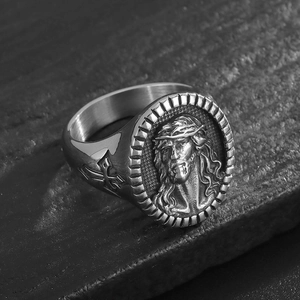 Religious Jesus portrait silver stainless steel ring with side cross engraving