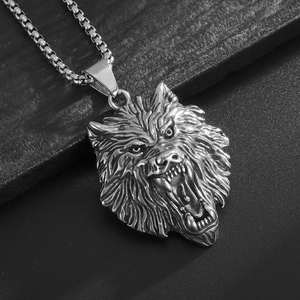 Polierte Edelstahl Wikinger Fenrir Wolfskopf Anhänger Halskette mit quadratischer Perlenkette