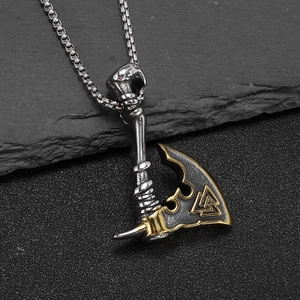 Viking Axe Pendant Necklace For Men Stainless Steel Valknut Symbol Nordic Myth Retro Biker Punk Jewelry Gold Silver Two Tone