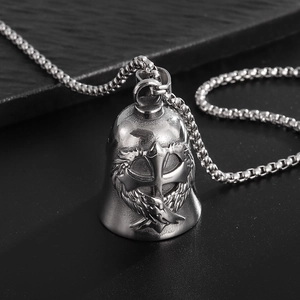 Vintage Gothic Punk Stainless Steel Bell Pendant Necklace For Men Biker Rider Cross Wing Polished Industrial Jewelry