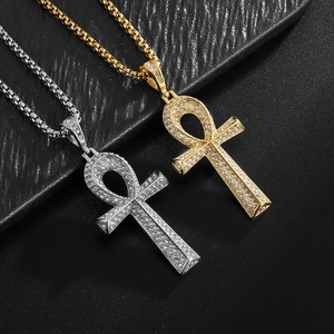 Collier Pendentif Ânkh Hip Hop en Acier Inoxydable 316L Avec Croix Égyptienne en Strass Bijoux Couleur Or Acier Homme Femme