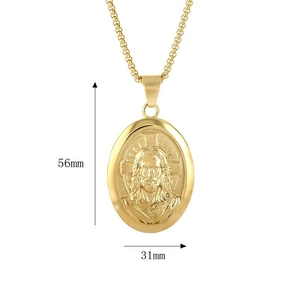 Collier pendentif portrait de Jésus en acier inoxydable plaqué or poli, hauteur 56mm