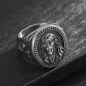 Vintage religious cross ring with silver finish featuring Jesus crucifix relief and thorns