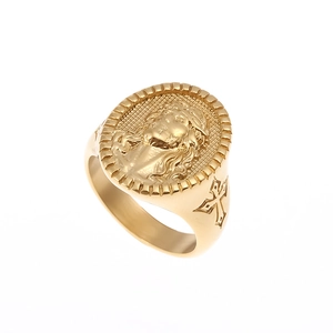Gold plated stainless steel hip hop signet ring with Jesus portrait and cross engraving