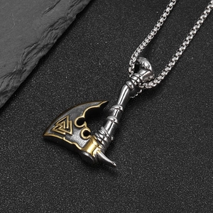 Gold-plated Viking axe pendant necklace with Valknut engraving and stainless steel box chain