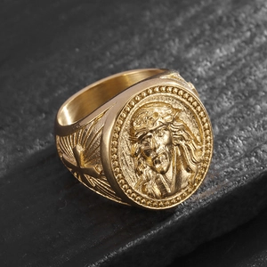 Men's hip hop gold plated stainless steel ring featuring Jesus and cross relief