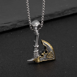 Gold-plated Viking axe pendant necklace with Valknut symbol and silver steel finish