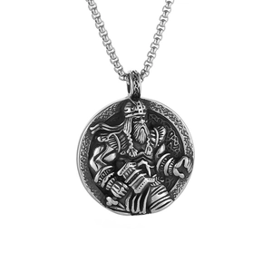 Vintage stainless steel Viking Odin pendant necklace with embossed relief and box chain