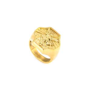 Vintage gold Saint Michael Archangel signet ring in stainless steel with hexagonal face