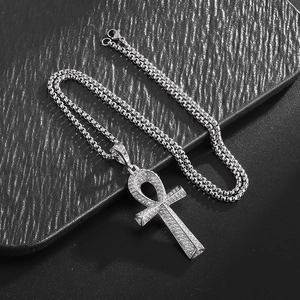 Pendentif croix Ankh en acier 316L avec strass scintillants et chaîne à mailles carrées