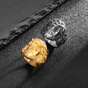 Polished stainless steel Jesus head relief rings in gold and silver for men