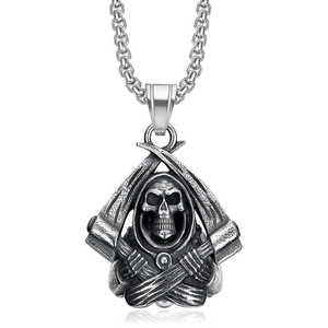 Vintage stainless steel Grim Reaper bell pendant necklace with scythes and chain
